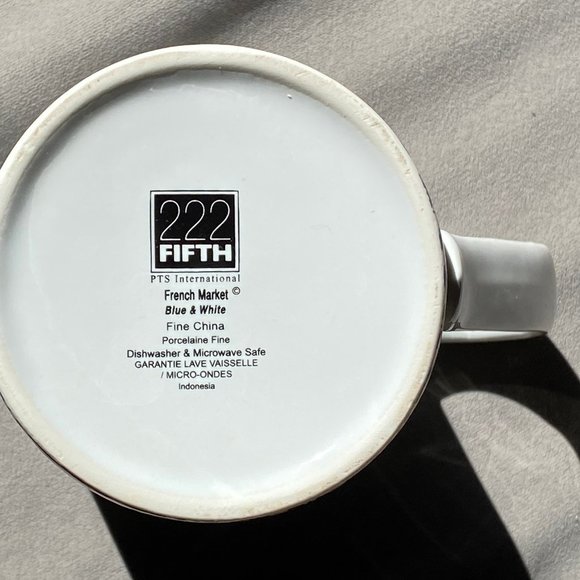 222 Fifth French Market Blue & White coffee mug fine China PTS International - Picture 2 of 3